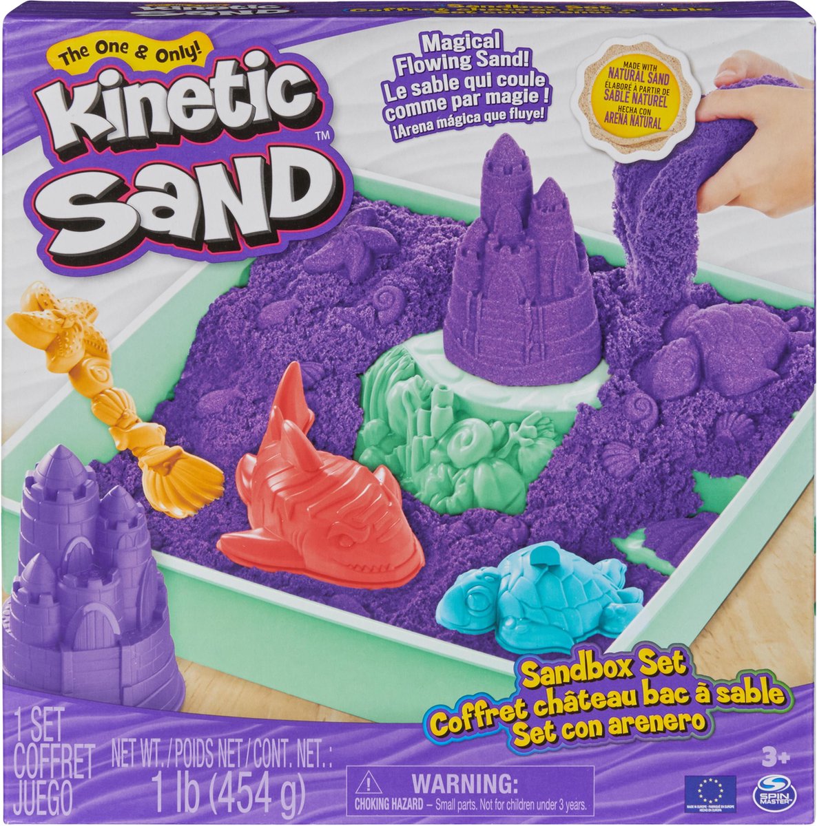 Kinetischer Sand – Sandkasten-Set mit 454 g lila Original-Aufbewahrungssandkasten, 4 Formen und Werkzeugen – sensorisches Spielzeug