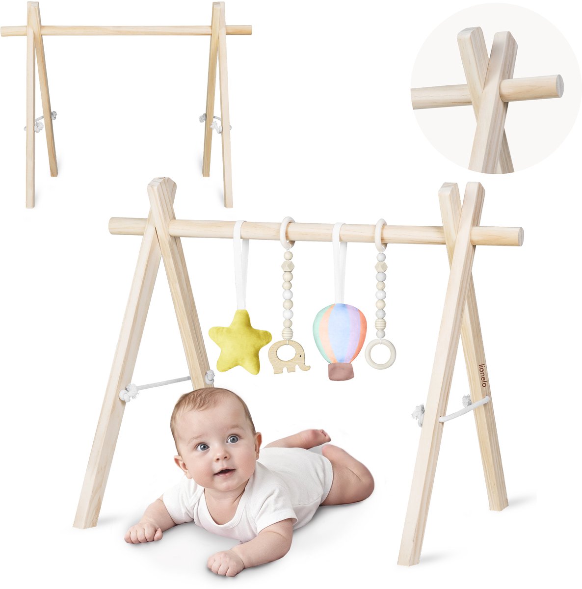 Lionelo Anis – Spielbogen aus Holz für Babygymnastik – faltbares Montessori-Spieltrapez – Buchenholz, abnehmbare Kleiderbügel – Aktivitätszentrum für Babys und Neugeborene
