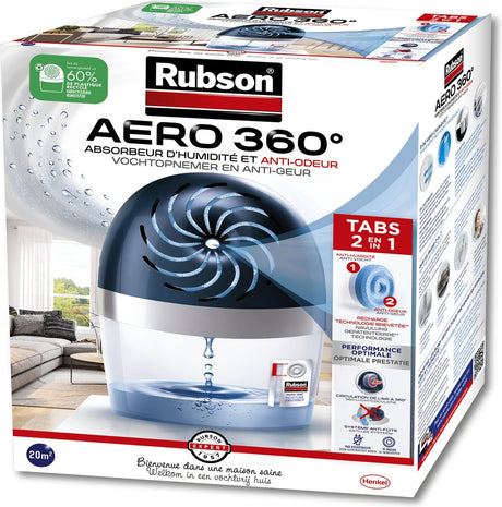 Rubson vochtopnemer aero360 toestel 20m2 | luchtontvochtiger toestel | vochtvanger badkamer | binnenhuis badkamer