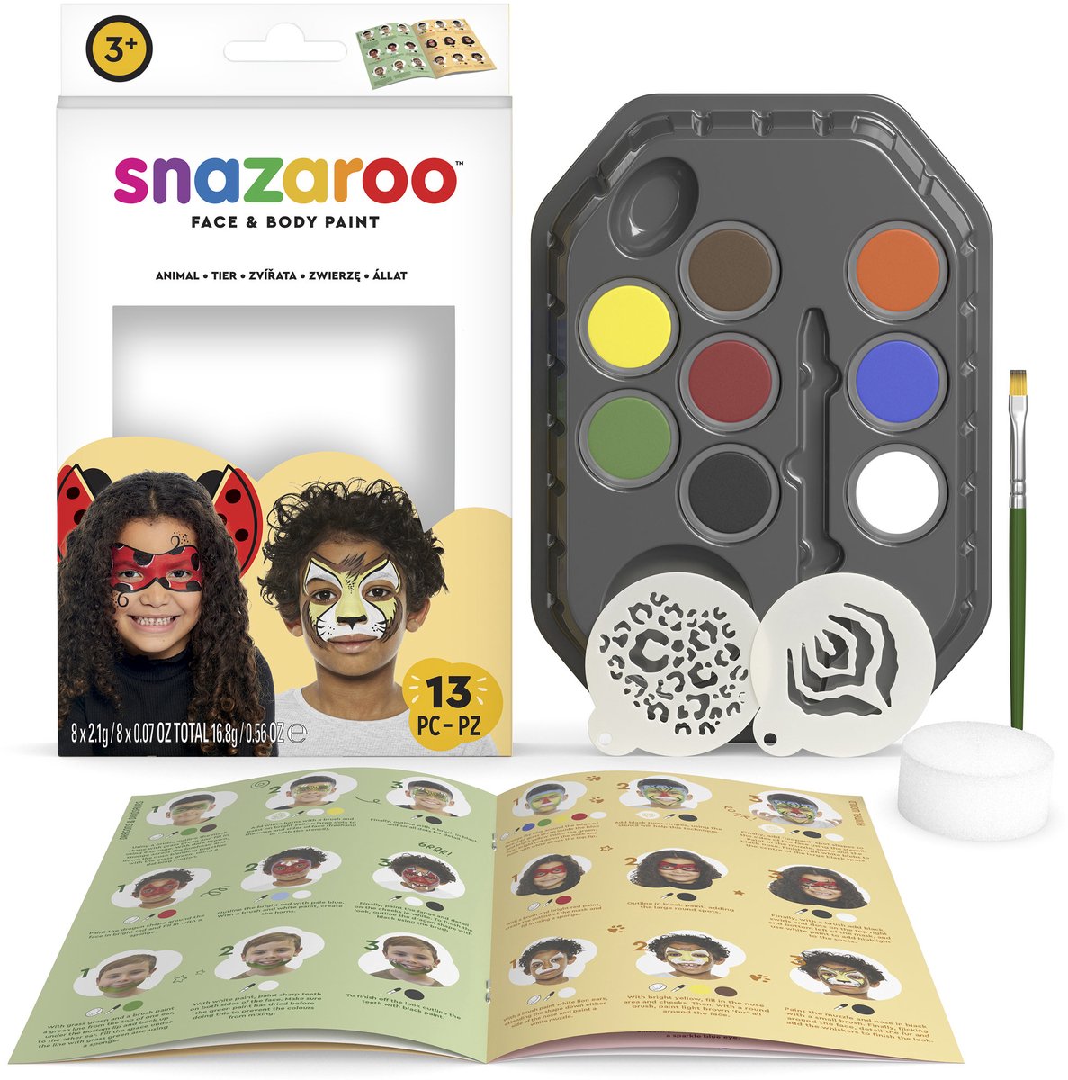 Snazaroo 1172183 Animal World Aqua Schminkset – Kinderschminken – Dschungeltier-Schminkset – 13-teilig, hypoallergen