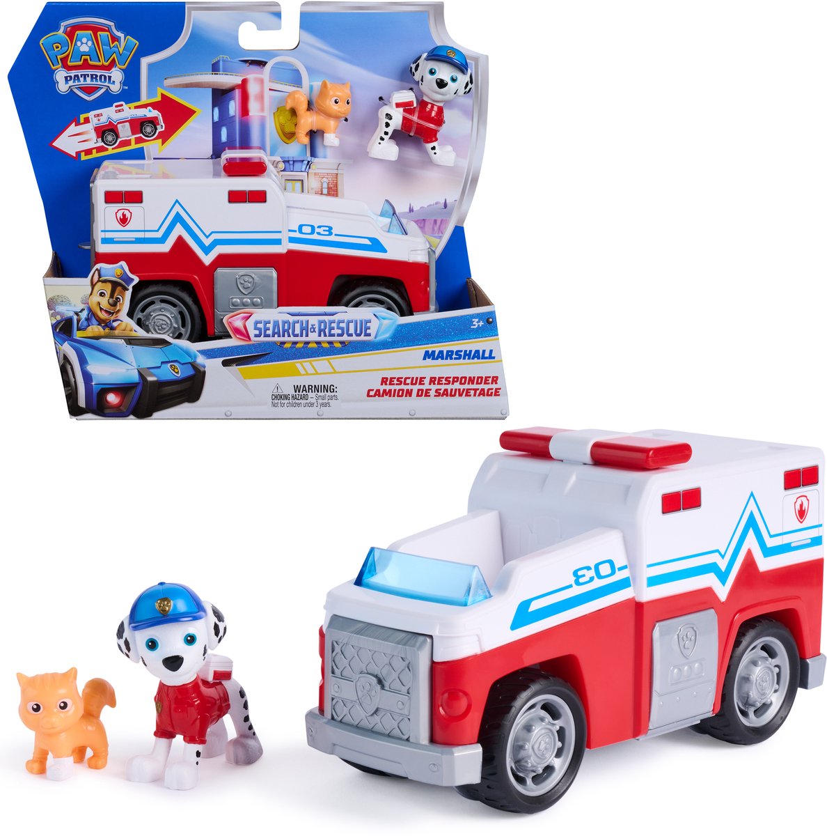 Paw Patrol – Suchrettung – Marshalls Rettungsfahrzeug mit 2-Figuren-Rückziehfunktion – Spielzeugfahrzeuge