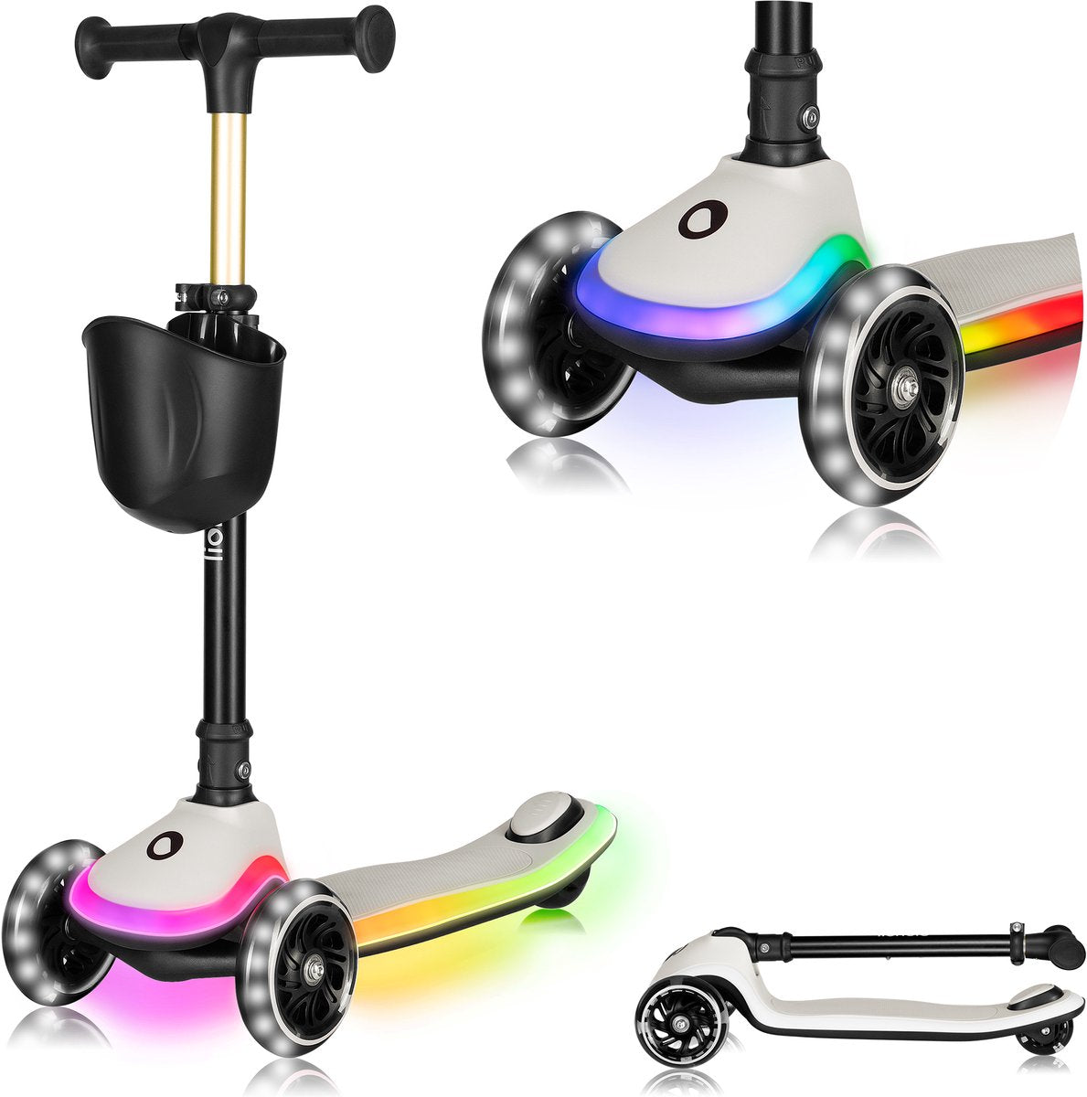 Lionelo Mey Kinderroller – LED-Beleuchtung in Rädern, Fußplattform – klappbarer Lenker – rutschfestes Deck – Korb – ABEC-7-Lager – 4 Höhenpositionen – bis 50 kg – ab 3 Jahren – ergonomisch – Bremse – sofort einsatzbereit
