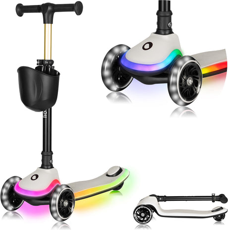 Lionelo Mey Kinderroller – LED-Beleuchtung in Rädern, Fußplattform – klappbarer Lenker – rutschfestes Deck – Korb – ABEC-7-Lager – 4 Höhenpositionen – bis 50 kg – ab 3 Jahren – ergonomisch – Bremse – sofort einsatzbereit