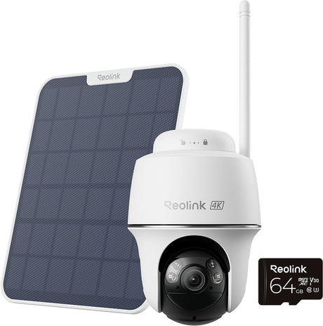 Reolink 4K-Akku-WLAN-Überwachungskamera – Farbnachtsicht – automatische Verfolgung – abnehmbares Solarpanel – Dualband-WLAN 6 – Zwei-Wege-Audio – Argus-Serie B440 mit Solarpanel 2 + 64-GB-SD-Karte