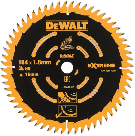 Dewalt cirkelzaagblad voor hout | extreme | ø 184mm asgat 16mm 60t - dt1670-qz