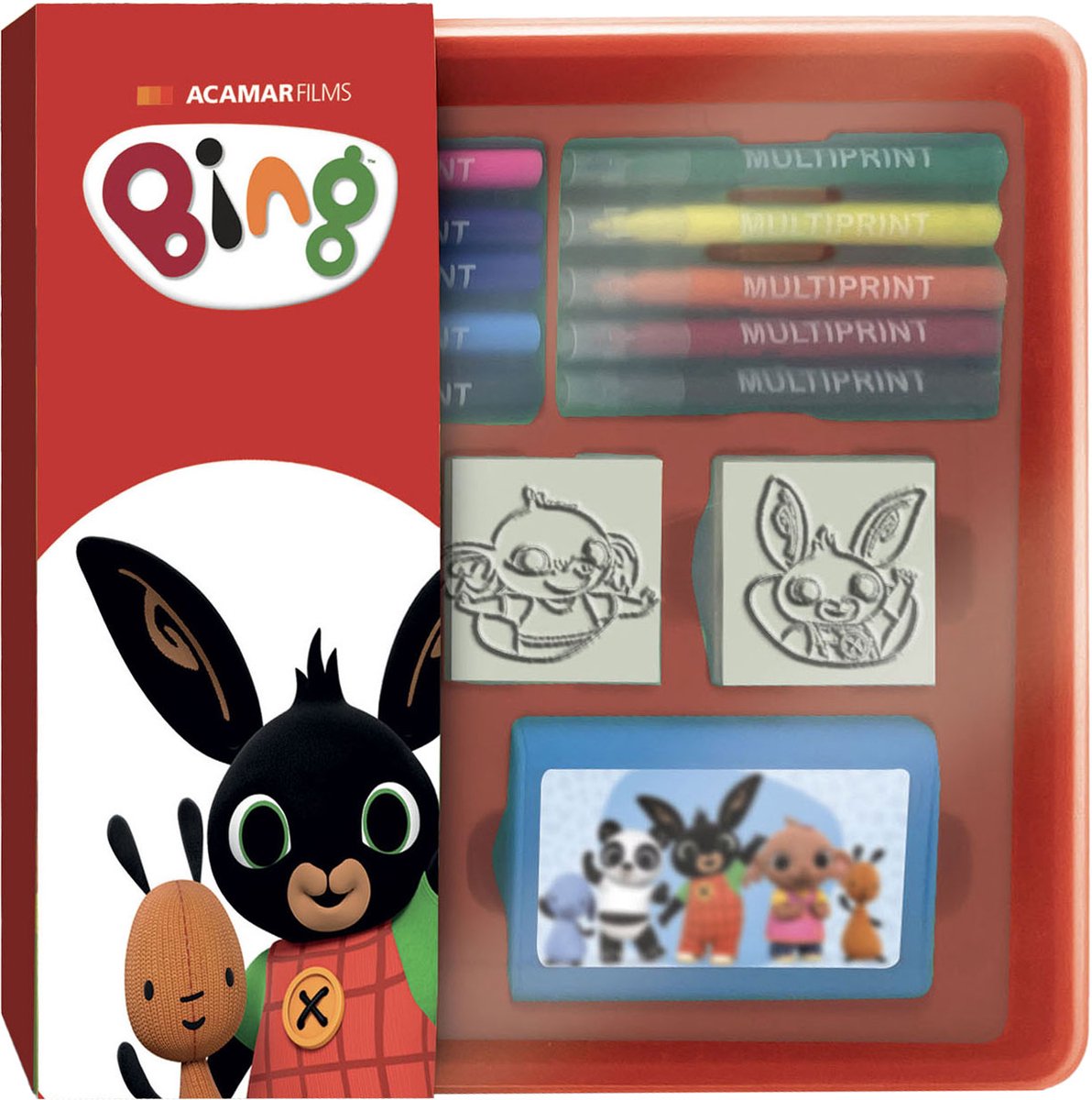 Multiprint -Bing -Briefmarken und Filztip -Stifte, die in Speicherbox eingestellt sind