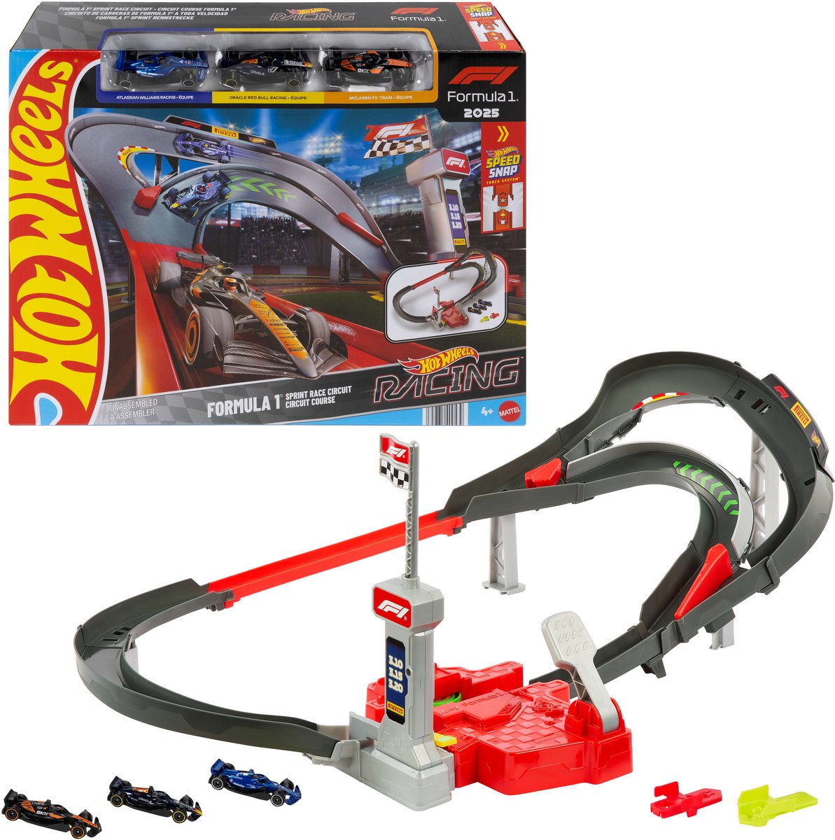 Hot Wheels Racing Formel-1-Sprint-Rennstrecken-Set – mit 3 Spielzeugautos aus Metall