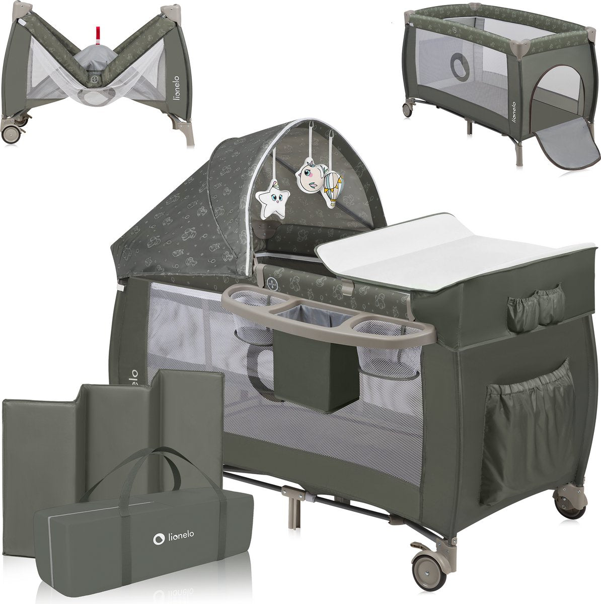 Lionelo Sven Plus 2in1 Mitwachsendes Campingbett – 127 x 60 cm – bis 15 kg – Beistellbett – Reisebett mit Wickeltisch, Organizer, Moskitonetz und interaktivem Spielzeug