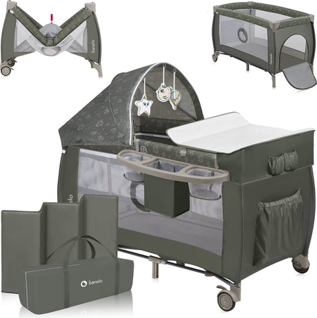 Lionelo Sven Plus 2in1 Mitwachsendes Campingbett – 127 x 60 cm – bis 15 kg – Beistellbett – Reisebett mit Wickeltisch, Organizer, Moskitonetz und interaktivem Spielzeug
