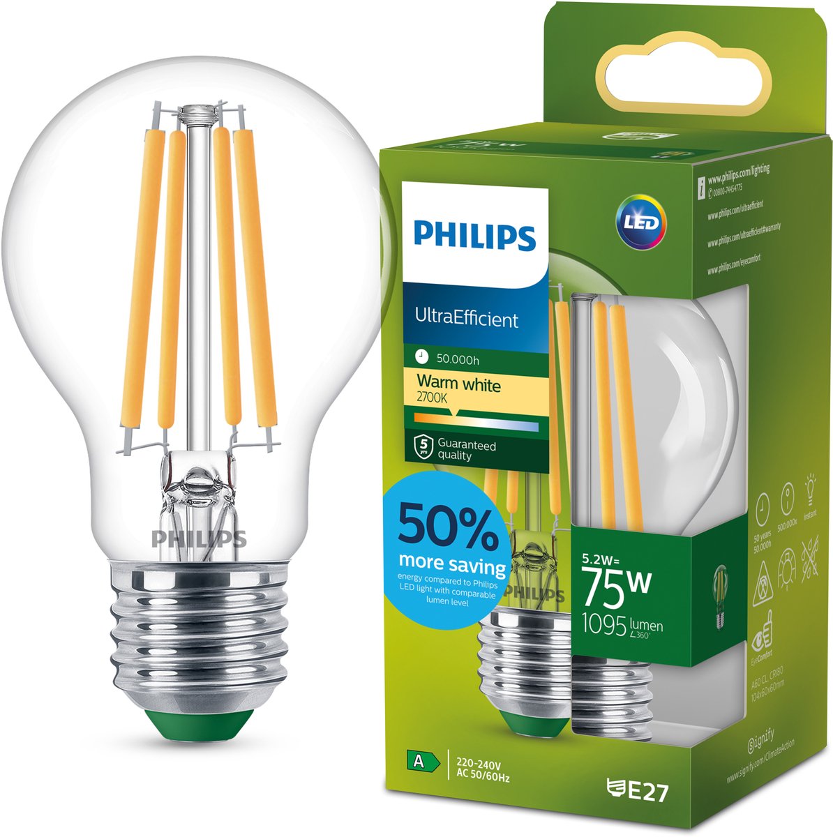 Philips led philips ultraefficient led lamp - transparant - 75w - e27 fitting - warmwit licht: 2700k - bespaar op energiekosten