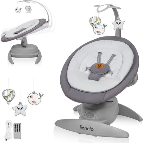 Lionelo Mell Schaukelstuhl – Bluetooth-Fernbedienung – elektrische Babyschaukel – 360° drehbar – 5 Geschwindigkeiten – 3 Rückenpositionen – Bewegungssensor – Timer – 14 Melodien – Spielbogen – Bambuskissen – waschbarer Bezug – Babyschaukelstuhl