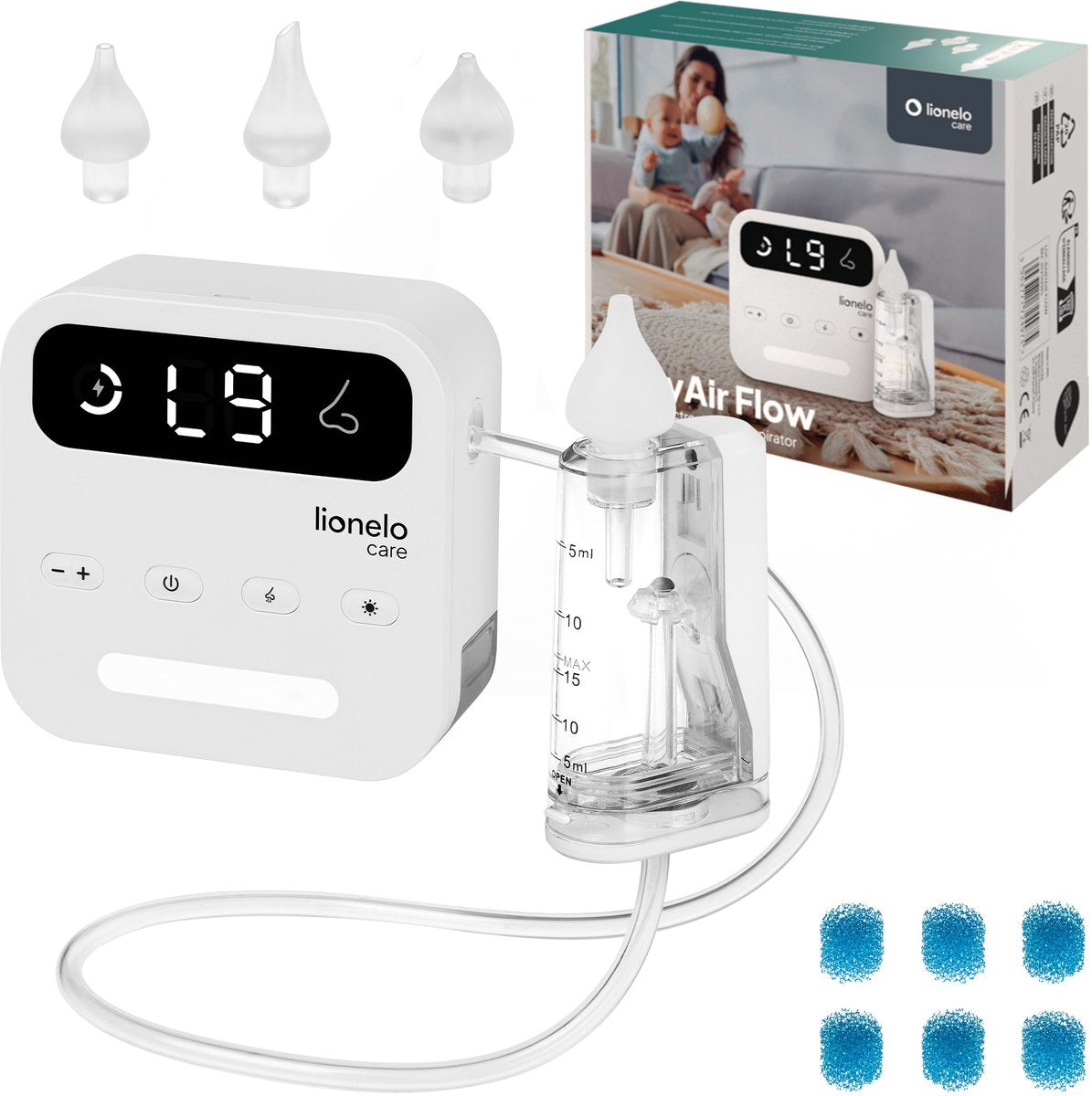 Lionelo Care Babyair – Nasenreiniger Baby – leistungsstarker Nasensauger: 65 kPa – Saugleistung 7,5 l/min – kabellos: 1500 mAh – LED-Nachtlicht – 9 Saugeinstellungen – 3x weiche Silikonspitzen – USB-C – elektrischer Nasenbirnensauger – Nasendusche