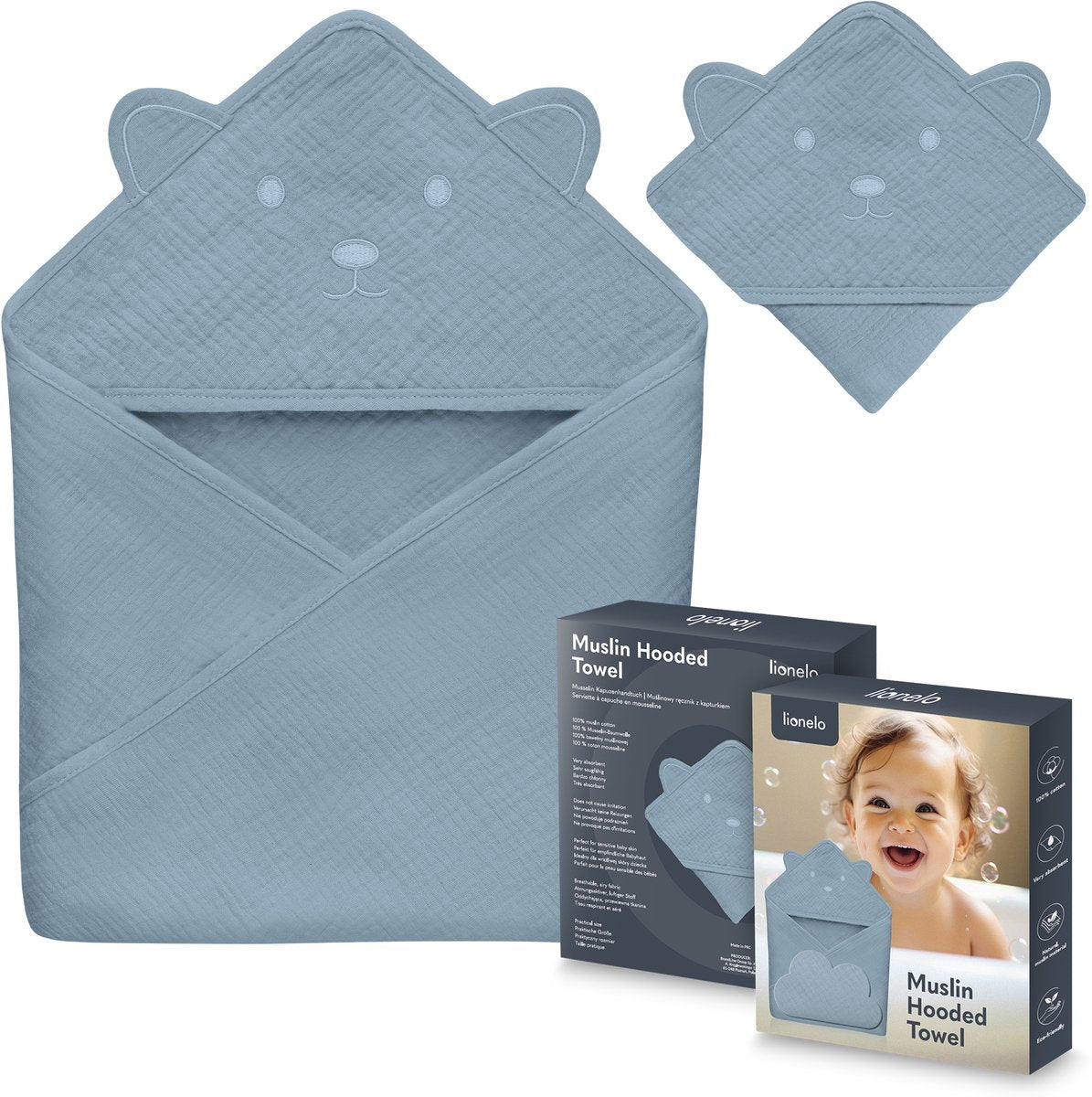 Lionelo Musselin-Babyhandtuch mit Kapuze – weiches Babyhandtuch mit Kapuze aus 100 % Baumwoll-Musselin – weicher Badeumhang mit Kapuze – atmungsaktiv, hypoallergen, reizfrei – hervorragende Saugfähigkeit – für Neugeborene, ältere Kinder – 75 x 75 cm