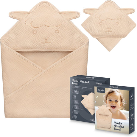Lionelo Musselin-Babyhandtuch mit Kapuze – weiches Babyhandtuch mit Kapuze aus 100 % Baumwoll-Musselin – weicher Badeumhang mit Kapuze – atmungsaktiv, hypoallergen, reizfrei – hervorragende Saugfähigkeit – für Neugeborene, ältere Kinder – 75 x 75 cm