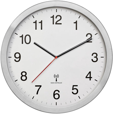 TFA Dostmann Zeitsignalgesteuerte Wanduhr XL, mit Metallrahmen und weißem Zifferblatt