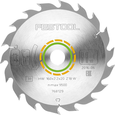 Festool Kreissägeblatt für Holz | Holzstandard | ø 160mm Achsloch 20mm 18t - 768129