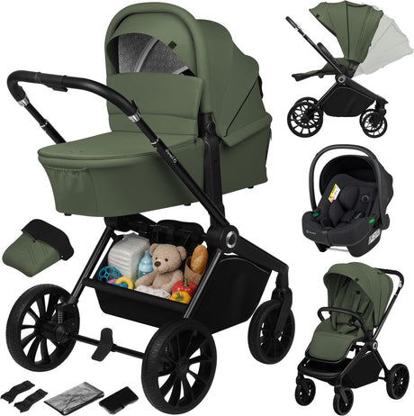 Lionelo Mika Plus - Kinderwagen 3in1 - XXL-Set - inkl. i-Size-Autositz – vielseitig und ganzjährig – große Räder – bis 22 kg – Einhandbedienung – für alle Geländearten – Zubehörset