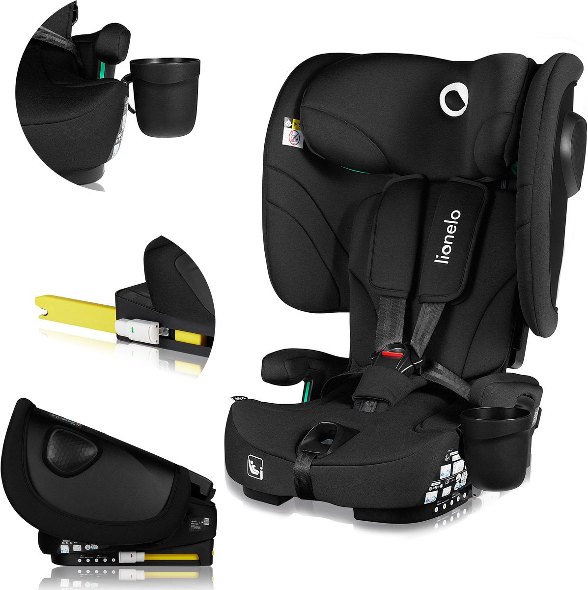 Lionelo Nelly i-Size-Autositz mit Isofix – 1,5 bis 12 Jahre (76–150 cm, 9–36 kg Gruppe 1 2 3) faltbarer Autositz – extra breiter Seitenschutz – 5-Punkt-Gurt – leicht – Top-Tether-Alarm – Beinstütze – Getränkehalter – für Kinder, Kleinkinder