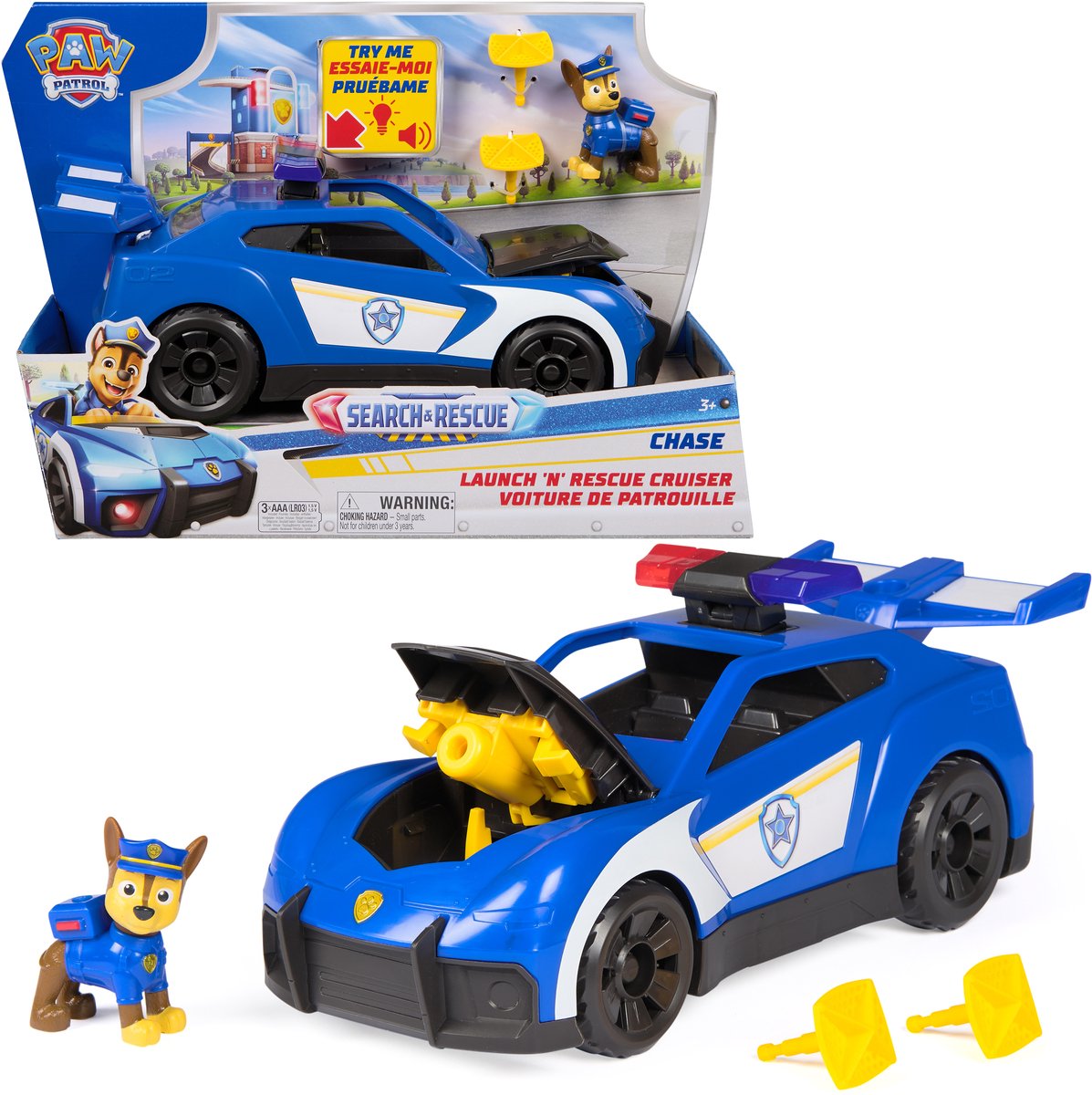 Paw Patrol – Suche, Rettung – Verfolgungsjagd mit Polizeiauto – mit Figur, Licht, Ton und 2 Projektilen – Spielzeugfahrzeuge