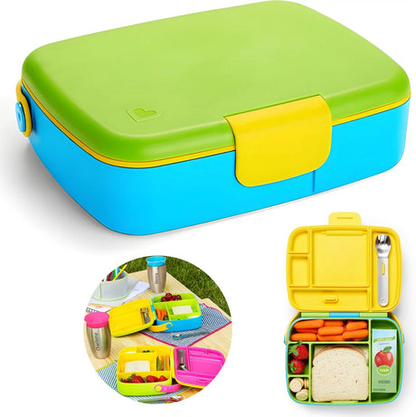 Munchkin - Bento-Lunchbox - Lunchbox - Lunchbox für Kinder - inklusive Edelstahlbesteck - spülmaschinenfest - ab 18 Monaten - grün blau
