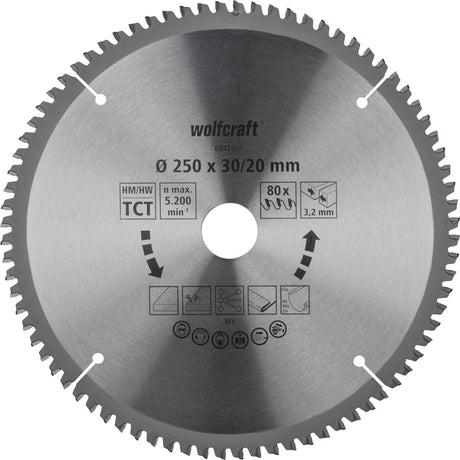 Wolfcraft - Sägeblatt 250 x 30 mm - 80 Zähne - Kappsäge - Gehrungssäge - 6542000