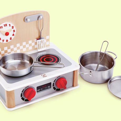 Hape 2-in-1-Küchengrillset – Spielzeugküche mit Metallzubehör, Klickknöpfen und Uhr, ab 3 Jahren