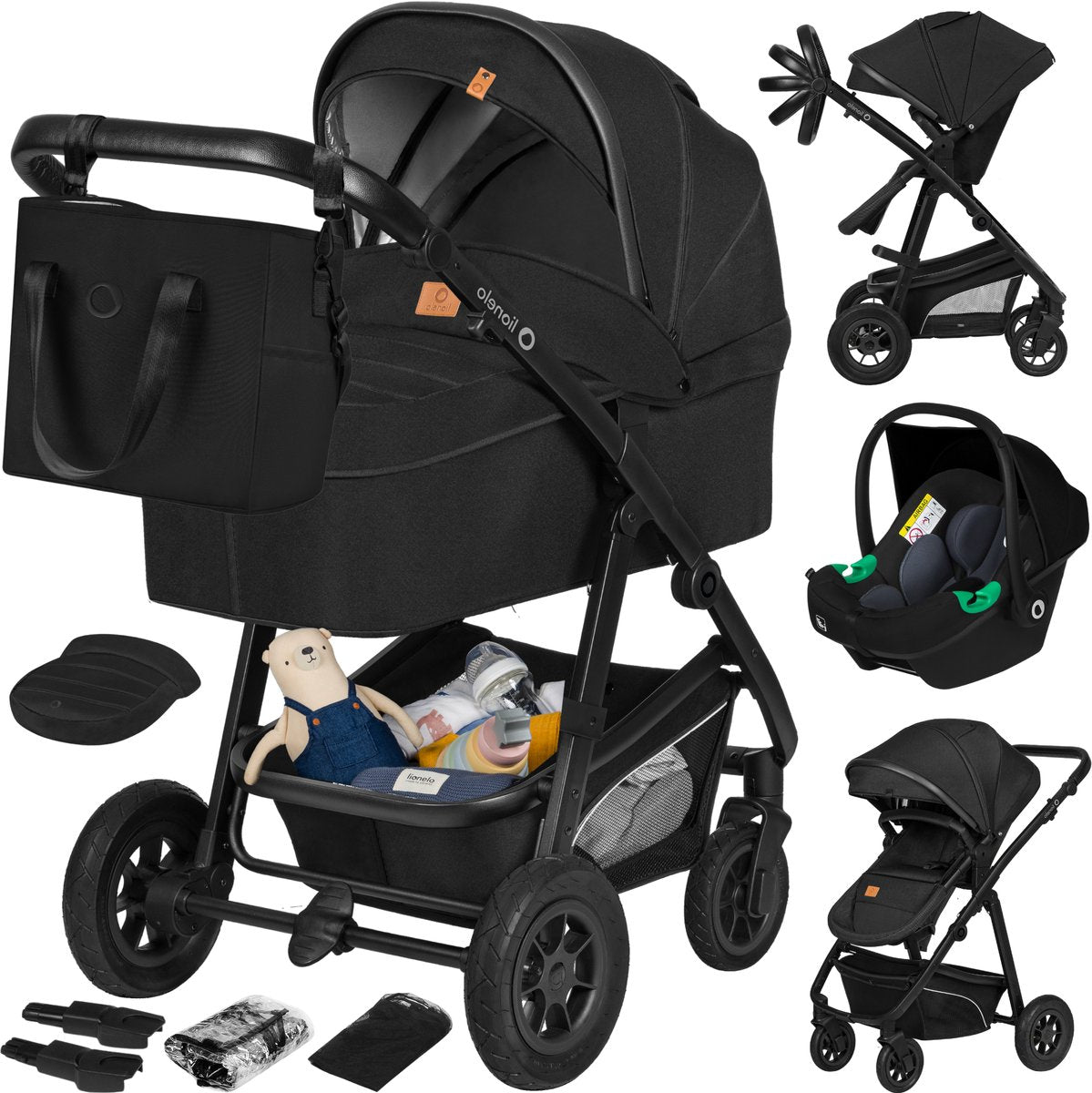 Lionelo Bianka Kinderwagen 3 in 1 – Babywanne + Kinderwagen + Autositz – große Luftreifen, Vollfederung – klappbar – verstellbare Schiebestange – Buggy-Wendesitz – 0–22 kg – Zubehörset – Schwarz