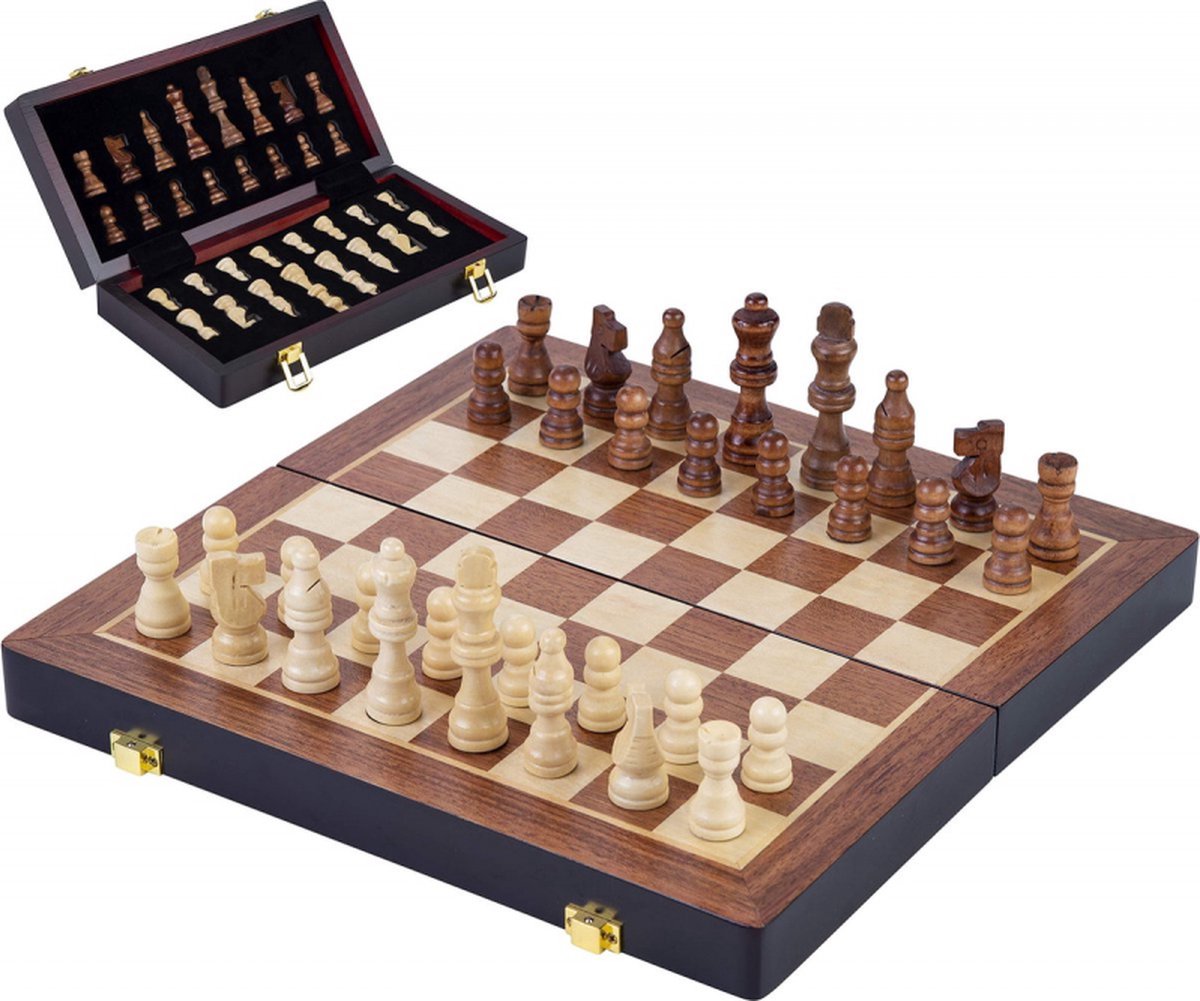 Engelhart Schachspiel Deluxe faltbar – Holzschachspiel aus Eschenholz – luxuriöses braunes Schachbrett 38 x 38 x 5,8 cm – faltbar kompakt –