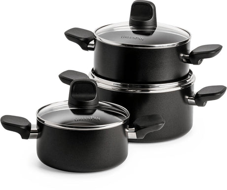 Greenpan Memphis Pfannenset 6-teilig – 16 18 20 cm – 1,6 2,1 3,1 l – PFAS-freie Antihaftbeschichtung – Induktionspfannenset – Keramikpfanne – ofenfest bis 160 °C – Kaltgriffe – mit Glasdeckel – Schwarz