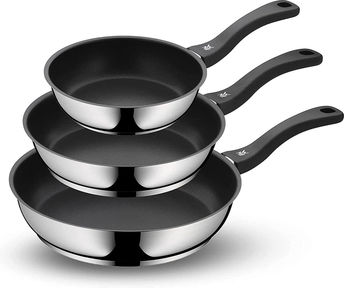 WMF 3-teilige beschichtete Bratpfanne mit Griff - Antihaft-Pfannenset - Durchmesser 20 24 28 cm - Silber Schwarz