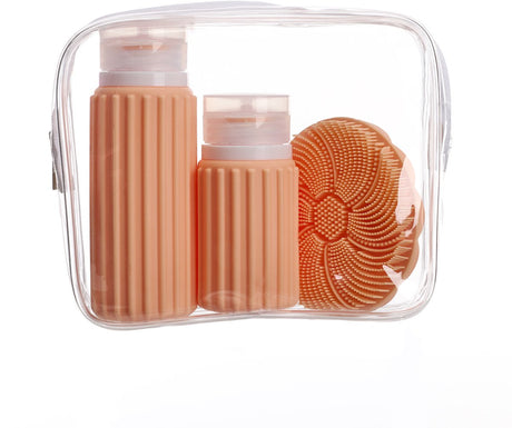 Muitomas Reisetasche + Gesichtsbürste + 2 Flaschen – kompakt – wasserdichte transparente Tasche – Silikon-Reiseflaschen – Pfirsichflaum