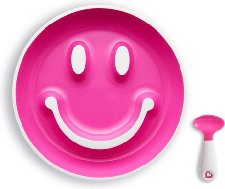 Munchkin Kindergeschirr - Babyteller mit Saugnapf und Löffel - Smile 'n Scoop - Teller mit Saugnapf in Form eines Smileys - BPA-frei - 9+ Monate - Rosa