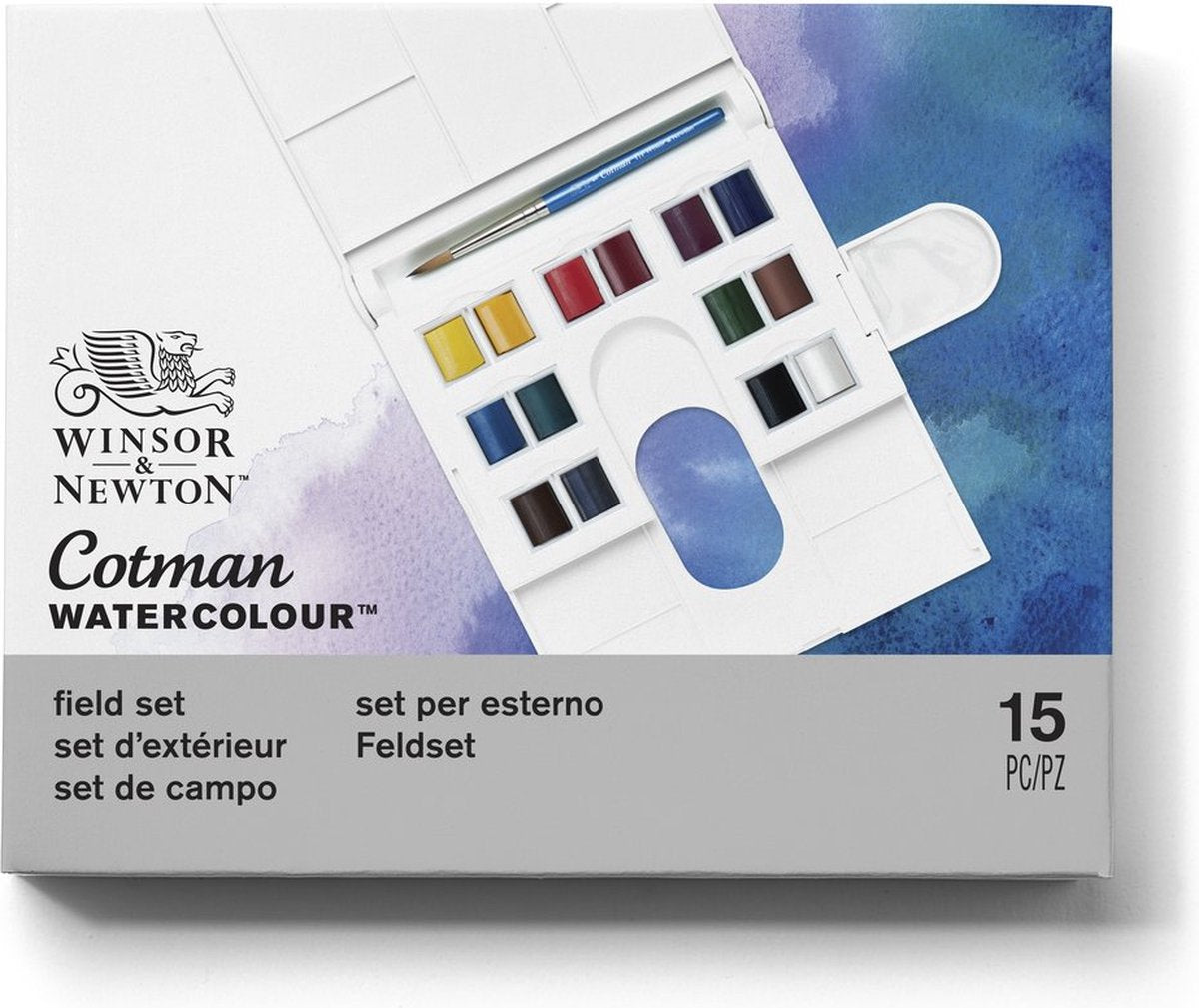 Winsor Newton 0390083 Cotman Aquarellfarben-Set – Feldset – 14 halbe Näpfchen Aquarell – kompaktes Reise-Aquarell-Set mit Pinsel