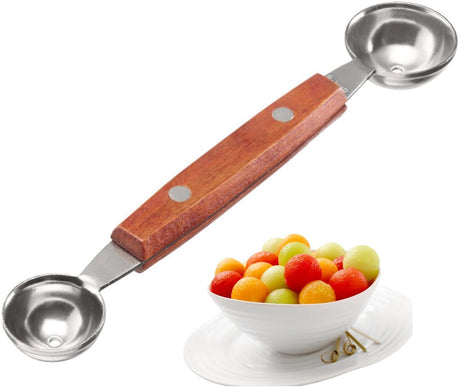 Westmark doppelseitiger Kugelschneider Woody – kleiner Kugelschneider für Melone, Kiwi, andere Früchte und Gemüse, sowie für Eis, Frischkäse oder Butter – Edelstahl, Holz