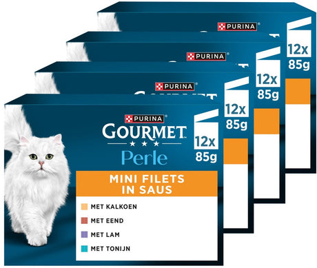 Gourmet Perle Minifilets – Nassfutter für Katzen – Truthahn, Ente, Thunfisch, Lamm – 48 x 85 g