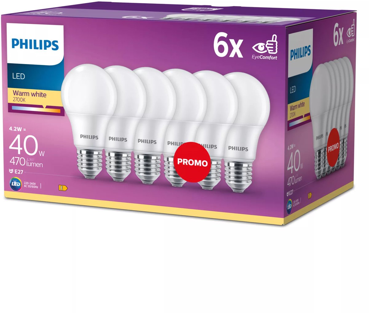 Philips led energiezuinige lamp mat - 40 w - e27 - warmwit licht - 6 stuks - bespaar op energiekosten