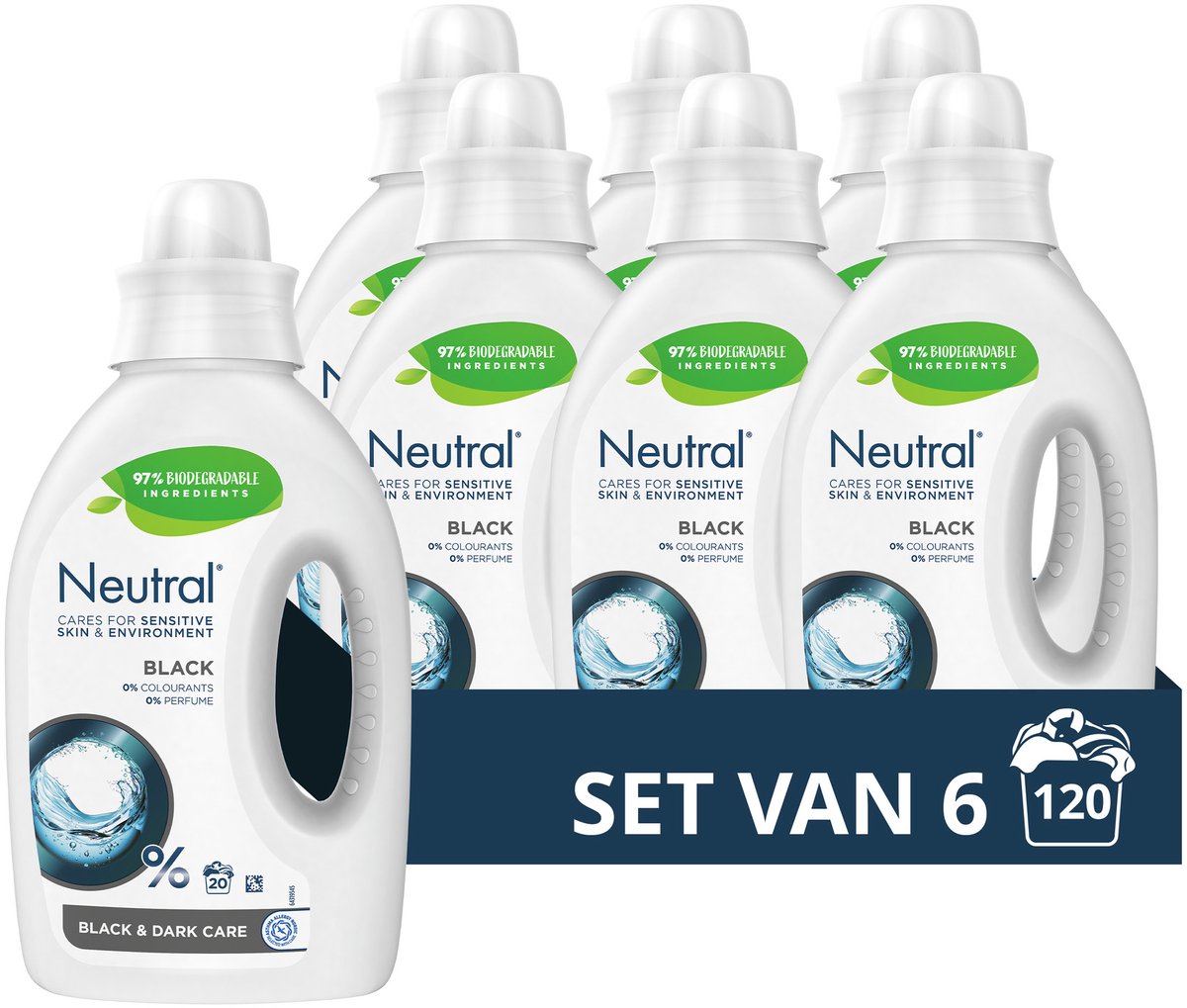 Neutral - vloeibaar wasmiddel - zwart - parfumvrij - 6 flessen - 120 wasbeurten - voordeelverpakking