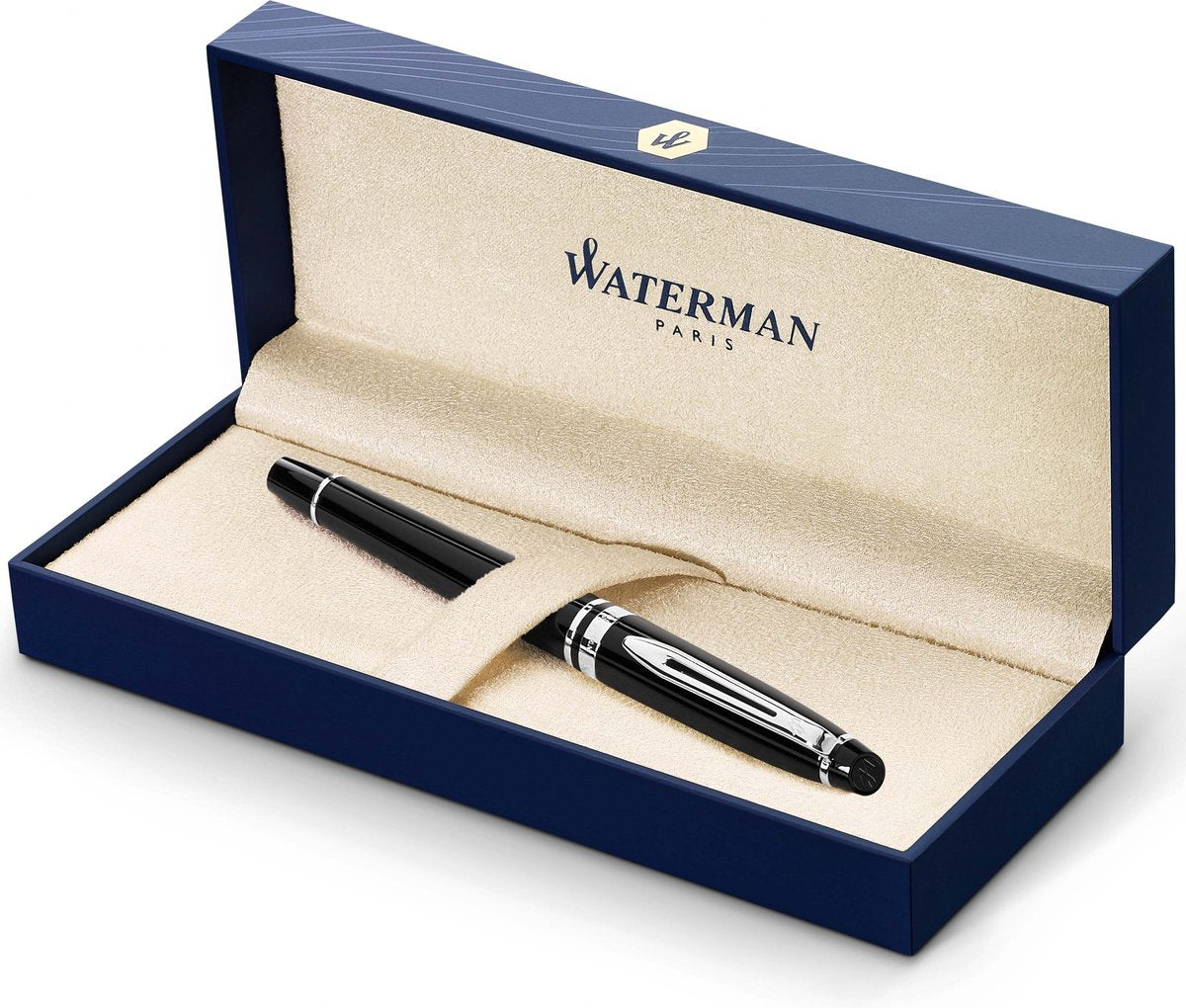 Waterman Expert Füllfederhalter | glänzendes Schwarz mit Chromrand | mittlere Feder | Geschenkverpackung