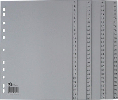 Oxford-Tabs, A4, aus PP, 11-Loch-Lochung, 100 nummerierte Tabs, grau