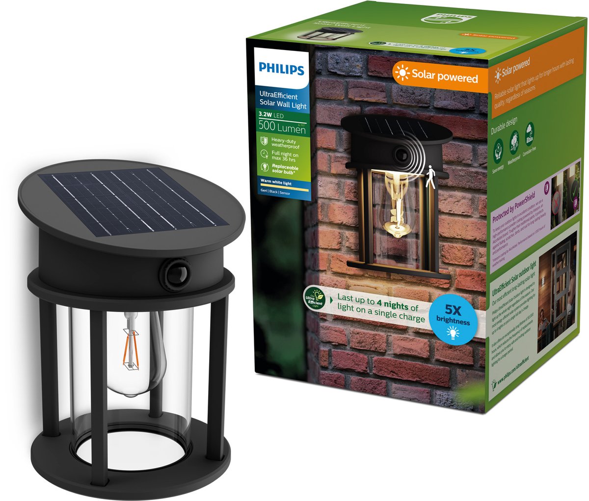 Philips led philips geri wandlamp - ultraefficient led - solar buitenlamp - warmwit licht 2700k - zwart - rond ontwerp - bewegingssensor - zonne-energie - schemersensor