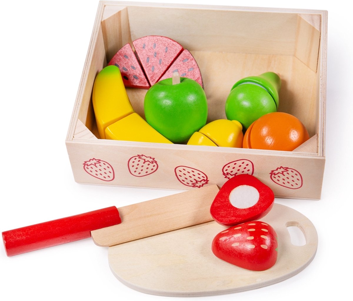 Bigjigs Toys Holzkiste mit Obst und Klettverschluss – mit Messer und Brett – Bigjigs – 18-teilig