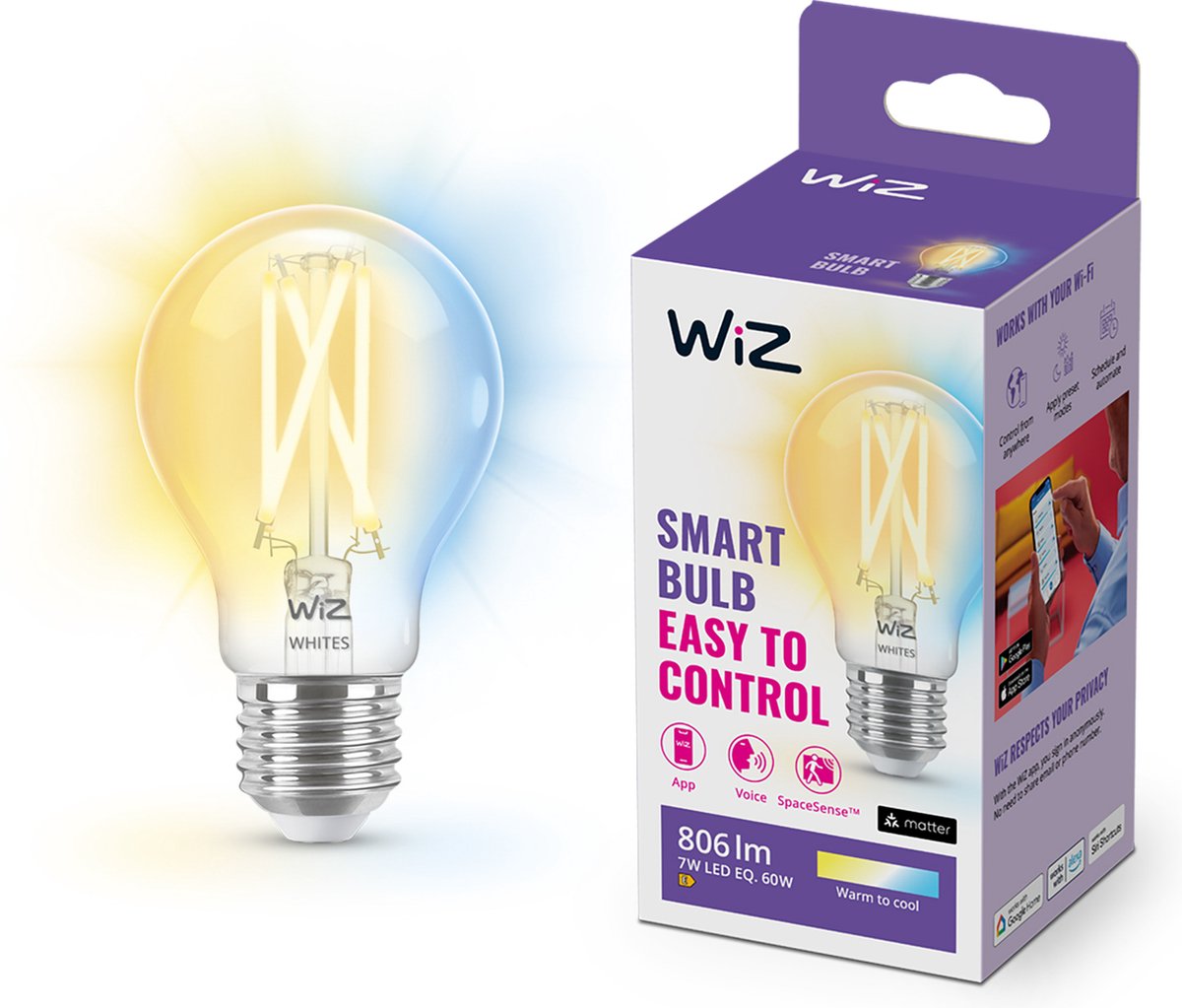 Wiz-Glühlampe – warmes bis kühles weißes Licht – intelligente LED-Beleuchtung – E27-Fassung – 60 W – transparent – WLAN