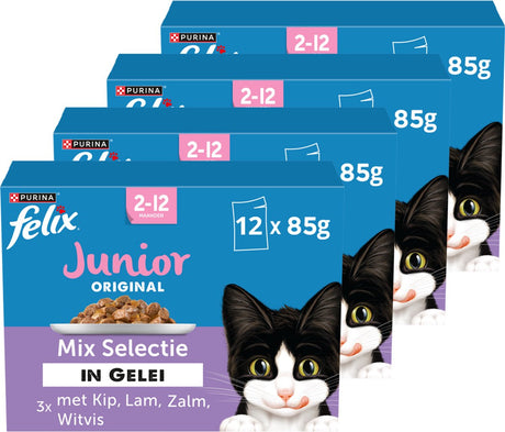 Felix Original Junior Mix Auswahl in Gelee – Katzenfutter Nassfutter – Huhn, Lamm, Lachs und Felchen – 48 x 85 g
