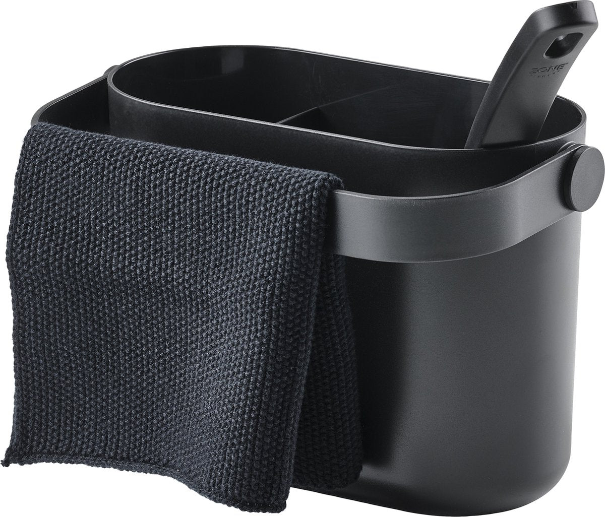 Zone Denmark Rundes Geschirrspülset mit Spülbürste, Spültuch und Küchenorganizer, 22 x 12,5 x 14,8 cm, Schwarz – Geschirrspülset