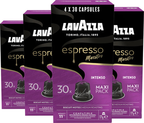 Lavazza Espresso Intenso Kaffeetassen – 120 Nespresso-Tassen – Kaffeemischung aus Arabica Robusta – Intensität: 11 13 – 4 x 30 Aluminiumkapseln