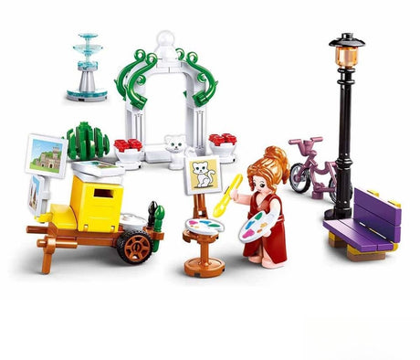 Sluban Girls Dream Village Park Maler Bauspielzeug für Kinder ab 6 Jahren – Konstruktionsspielzeug Modellbau Parkszene – Baukasten mit 114 Bausteinen und 1 Minifigur – M38-B0869