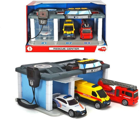 Dickie Toys SOS – Rettungszentrum belgischer Rettungsdienst – Polizei – Feuerwehr – Krankenwagen – ab 3 Jahren – Spielzeuggarage