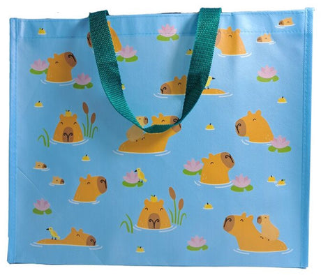 Puckator Einkaufstasche Shopper - Capybara schwimmende Blumen - nachhaltig - hellblau braun - 33x39x17cm