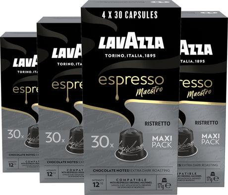 Lavazza Espresso Ristretto Kaffeetassen – 120 Nespresso Tassen – Kaffeemischung aus Arabica Robusta – Intensität: 12 13 – 4 x 30 Aluminiumkapseln