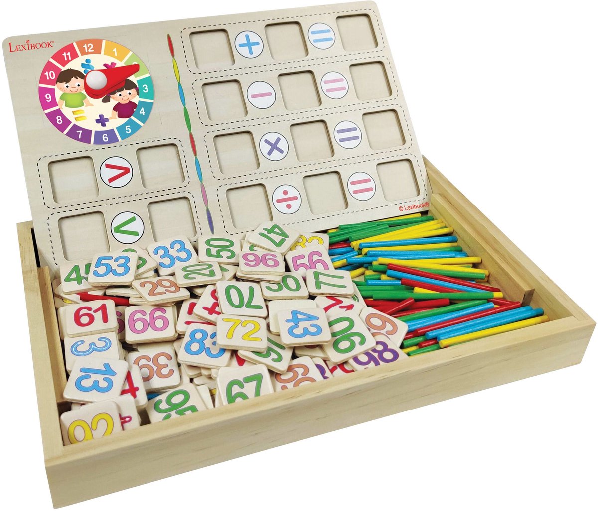 Lexibook Bio Toy® Mathematikschule – Holzkiste mit Zeichenbrett zum Mathe-Lernen mit Buntstiften, Radiergummi, Stäbchen und 5 Karten mit Einmaleins